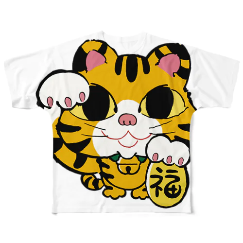 招き猫　虎毛 フルグラフィックTシャツ