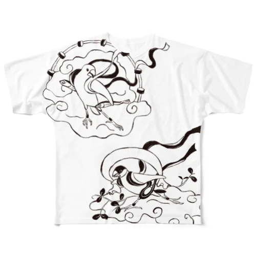 文鳥風神雷神図　モノクロ All-Over Print T-Shirt