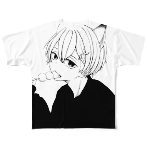 お団子狐(黒) フルグラフィックTシャツ