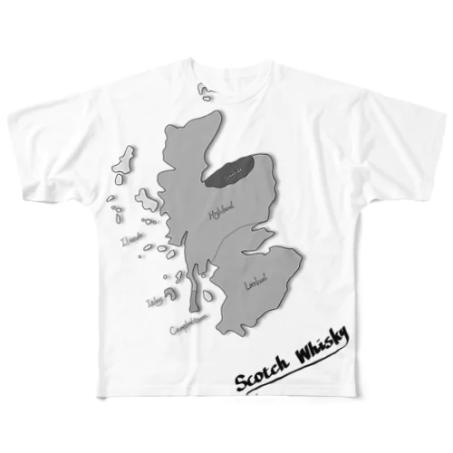 Scotch Whisky‘s  map (モノクロver) フルグラフィックTシャツ