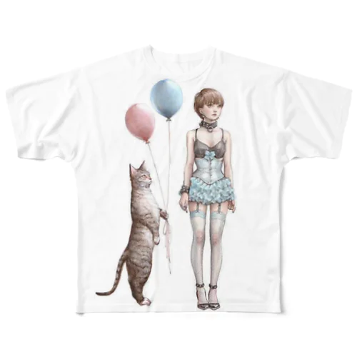 ネコと少女 All-Over Print T-Shirt