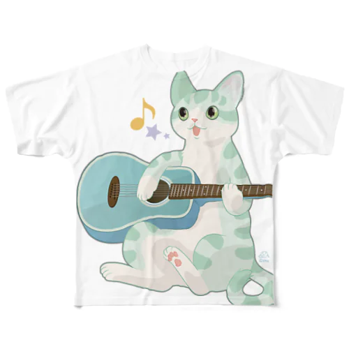 アコースティックギターにゃんこ All-Over Print T-Shirt