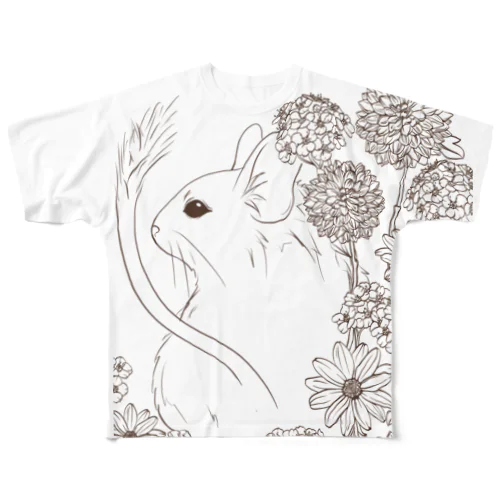 花とデグー フルグラフィックTシャツ