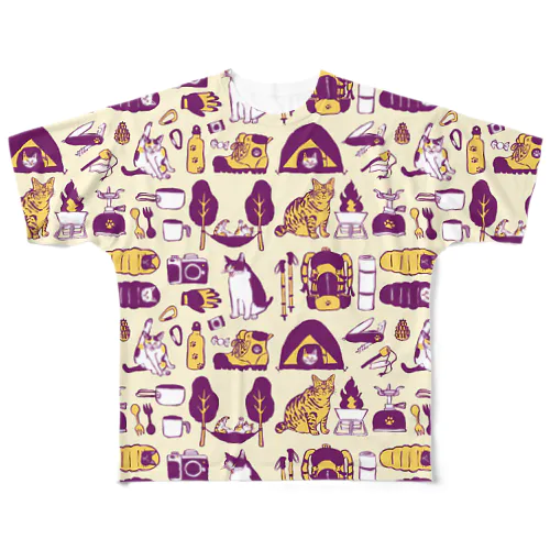 camp cats　紫 フルグラフィックTシャツ