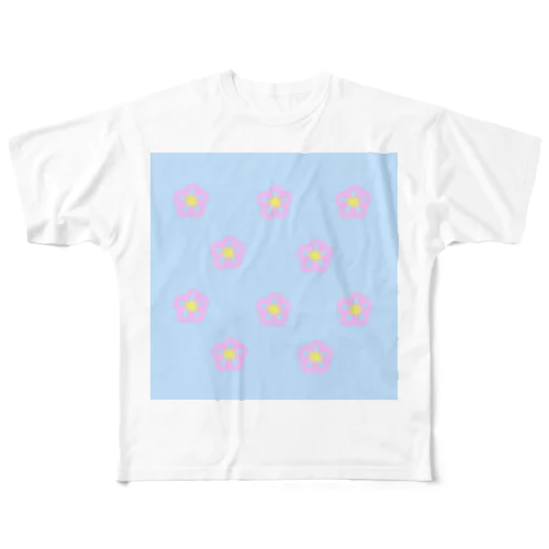 ピンクふらわー(ブルー) フルグラフィックTシャツ