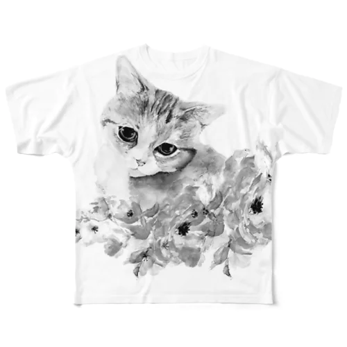 モノクロにゃんこ All-Over Print T-Shirt