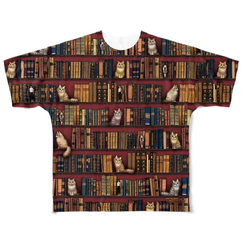 本と猫とお人形 フルグラフィックTシャツ