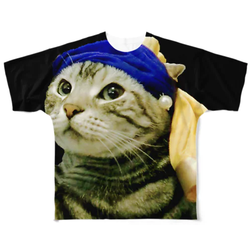 真珠の耳飾りの猫 フルグラフィックTシャツ