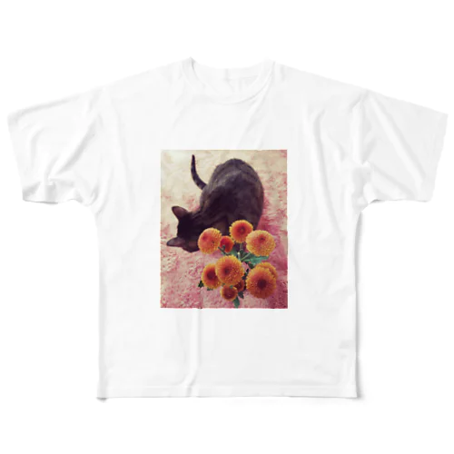 猫と花 フルグラフィックTシャツ