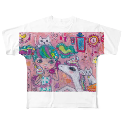 ぶりっ子ちゃんとくるくるソフトクリームユニコーンの日常 All-Over Print T-Shirt