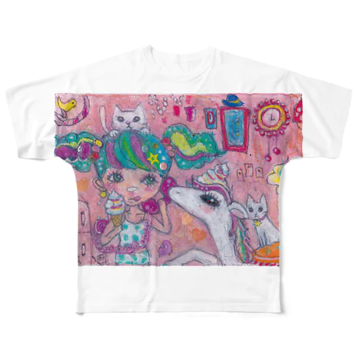 ぶりっ子ちゃんとくるくるソフトクリームユニコーンの日常 フルグラフィックTシャツ