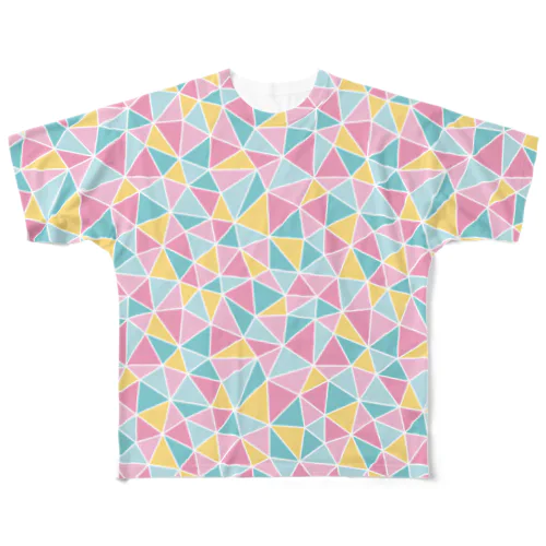 三角タイルのTシャツ ピンク フルグラフィックTシャツ