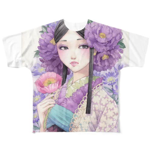 紫牡丹乙女 All-Over Print T-Shirt