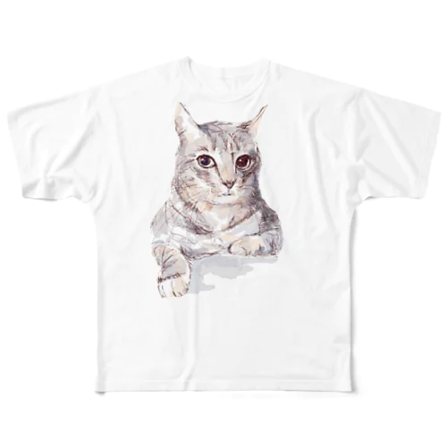 そんなにみつめないで！ドキドキしちゃうから♪かわいい猫のイラスト フルグラフィックTシャツ