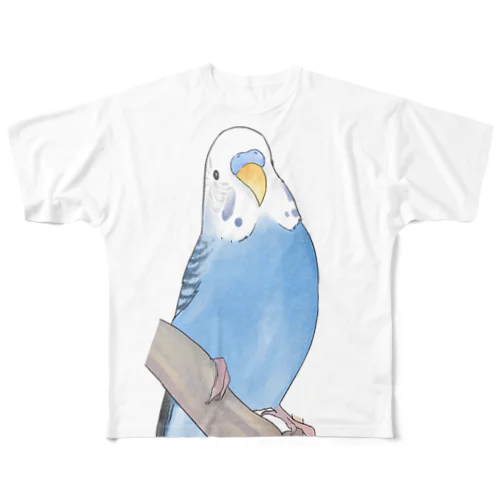 セキセイインコちゃんと止まり木【まめるりはことり】 フルグラフィックTシャツ