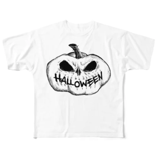 ハロウィーンのカボチャ-トリックオアトリート フルグラフィックTシャツ