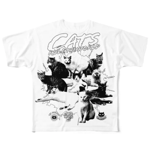 猫が世界を支配する（黒） フルグラフィックTシャツ