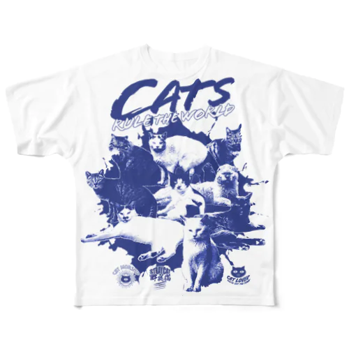 猫が世界を支配する（青） フルグラフィックTシャツ