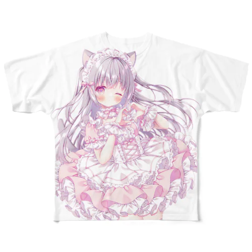 ねこみみピンクメイド フルグラフィックTシャツ