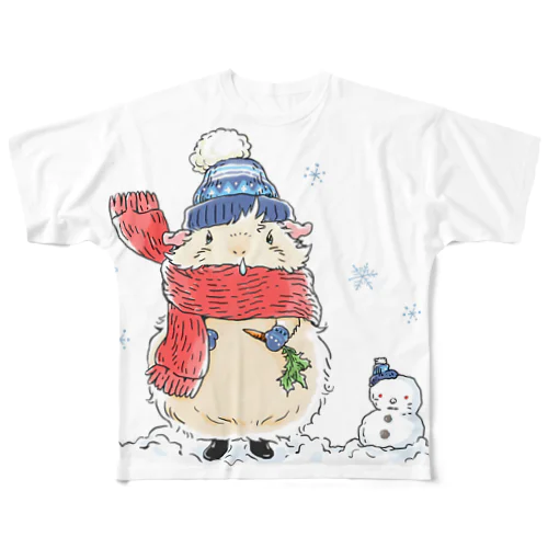 雪だるまとモルモット フルグラフィックTシャツ