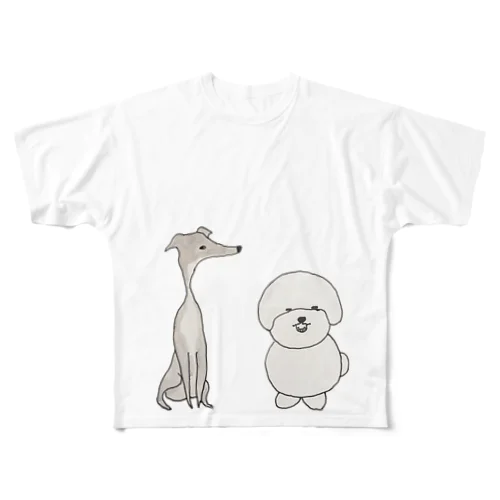 ビッションとグレイ フルグラフィックTシャツ