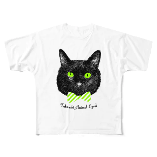 蝶ネクタイ黒猫 フルグラフィックTシャツ