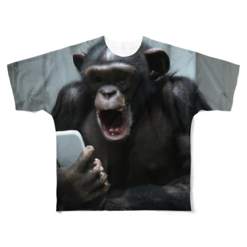 SNSやりすぎのチンパンジー。AIアート フルグラフィックTシャツ