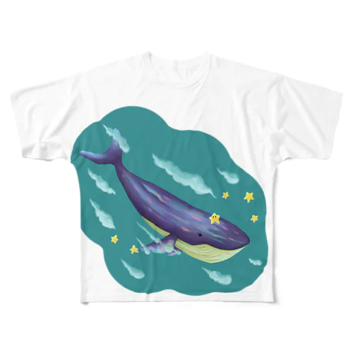 星と泳ぐシロナガスクジラ フルグラフィックTシャツ