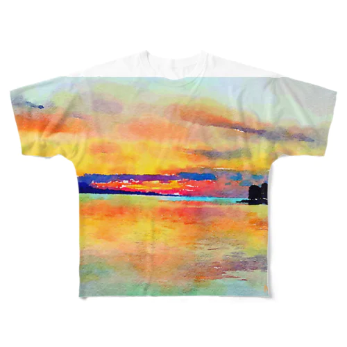 宍道湖の夕日 水彩 フルグラフィックTシャツ