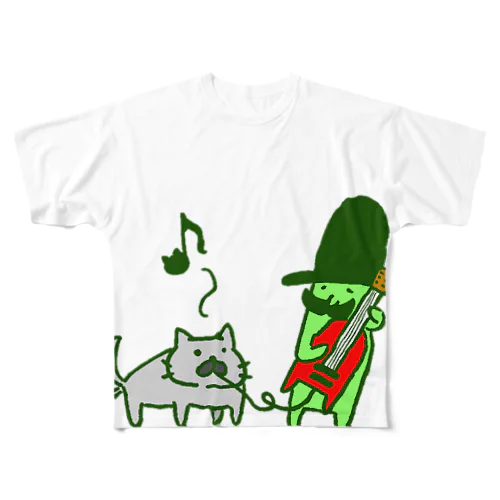 猫に乗ったみどりいろ紳士（ギター） All-Over Print T-Shirt
