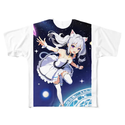 魔法猫少女ルナ「♪空飛ぉ～ぶ 星ぃ～より な～お～ 早ぁ～い～！」小学3年生！ All-Over Print T-Shirt