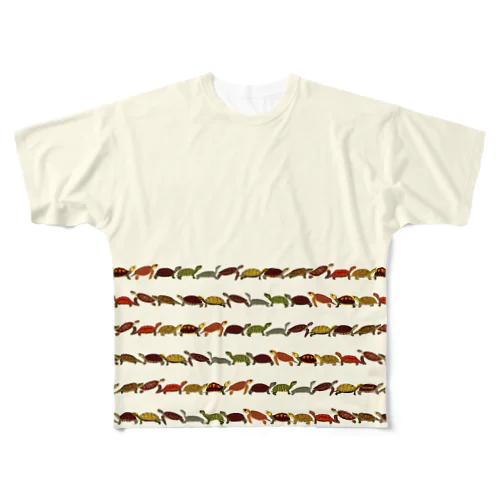 日本の亀ボーダー フルグラフィックTシャツ