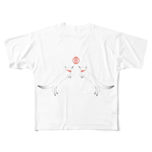 狐の手毬唄　狛狐と手毬 All-Over Print T-Shirt