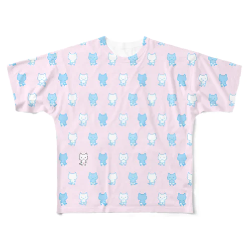 ねこぱんつ柄ピンクと水色 All-Over Print T-Shirt