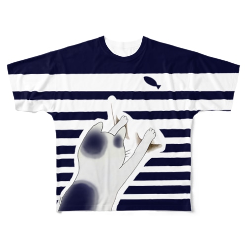 猫と魚（背面紺） All-Over Print T-Shirt