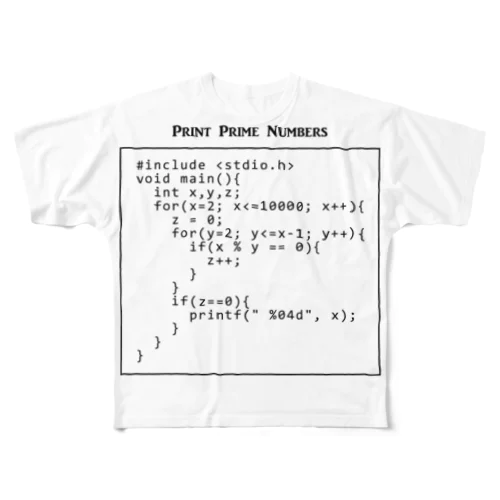 素数を出力するC言語プログラム：コンピュータ：科学：プログラマ：システムエンジニア All-Over Print T-Shirt