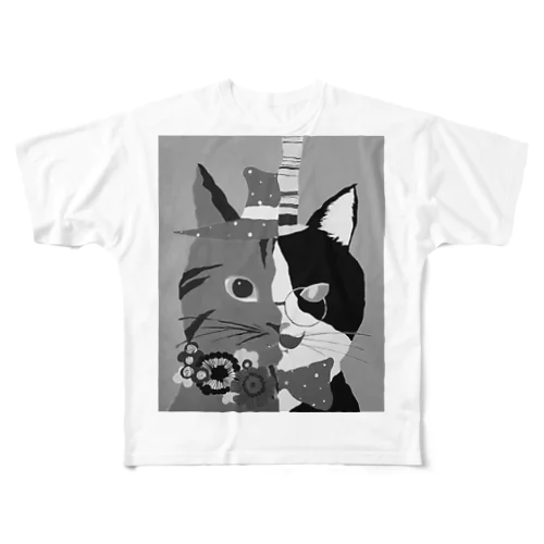 アシメニャン黒 フルグラフィックTシャツ