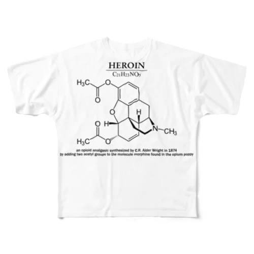 ヘロイン(麻薬の一種、コカイン・モルヒネなど)：化学：化学構造・分子式 フルグラフィックTシャツ