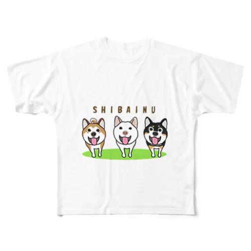 柴犬トリオ フルグラフィックTシャツ
