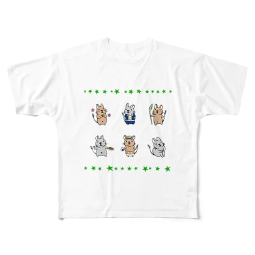 6匹のデグー(ライン:緑色) フルグラフィックTシャツ