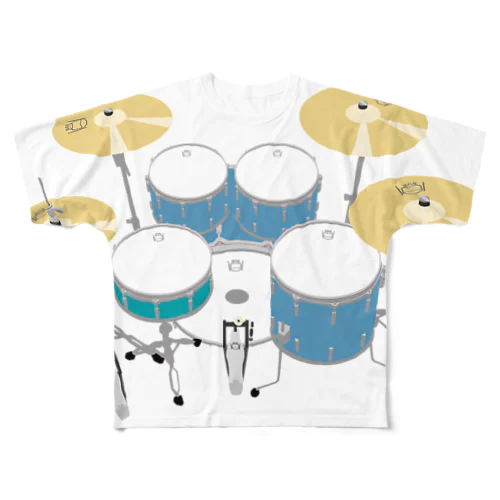 ドラムセット(ブルー) フルグラフィックTシャツ