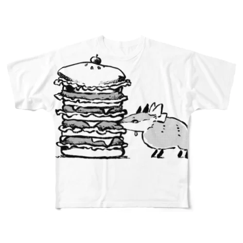 ハンバーガー大好き！腹ペコきつね フルグラフィックTシャツ