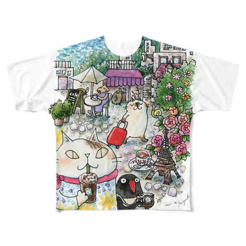 猫とペンギンと旅気分 フルグラフィックTシャツ