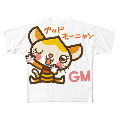 マロンヘッドのネコ”グッドモーニャング” フルグラフィックTシャツ