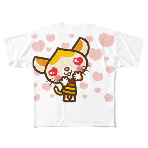 マロンヘッドのネコ”LOVE” フルグラフィックTシャツ