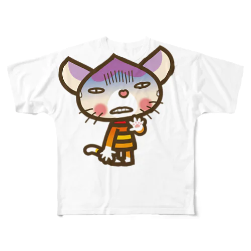 マロンヘッドのネコ”どん引きニャ” フルグラフィックTシャツ