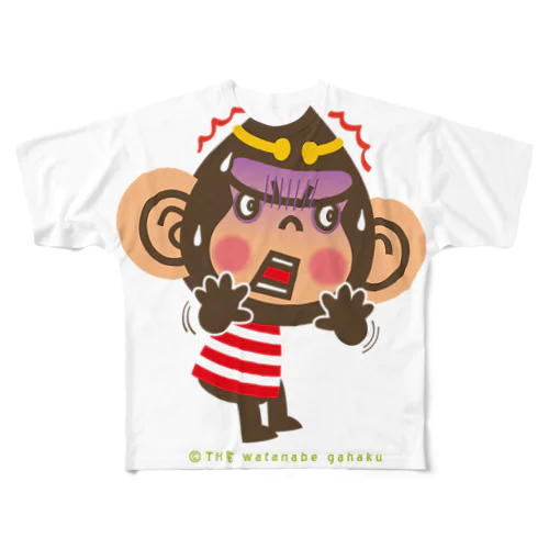 ドングリ頭のチンパンジー”ビックリ” フルグラフィックTシャツ