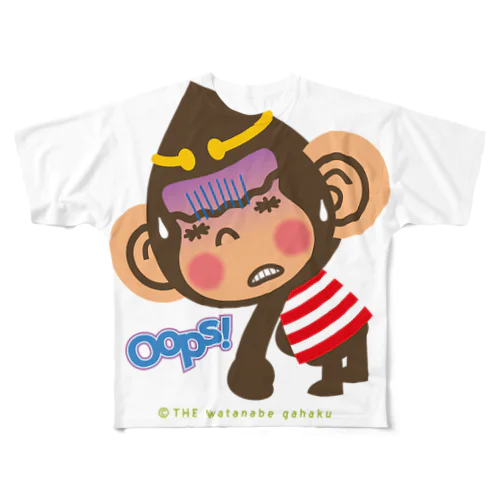 ドングリ頭のチンパンジー”Oops!” フルグラフィックTシャツ