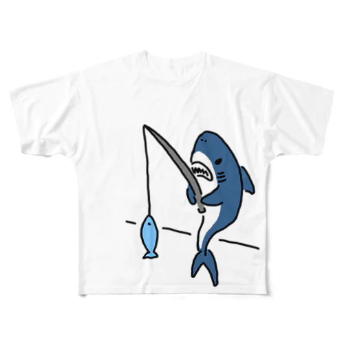 釣りをするサメ フルグラフィックTシャツ