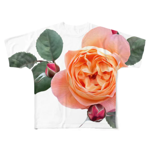 【ロマン】蕾と葉のついたオレンジピンクの薔薇 フルグラフィックTシャツ